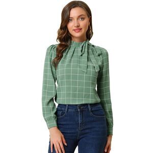 Women's Bow-Tie Neck Blouse Checks Shirt Tops Green